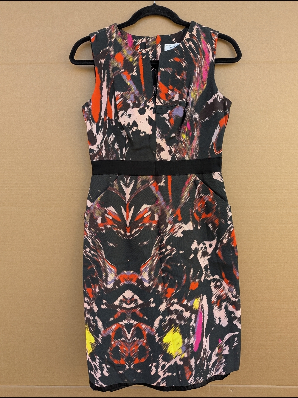 MILLY Abstract Ikat Sheath Dress Modest 4 Sleeveless Cocktail Pocket Multicolor